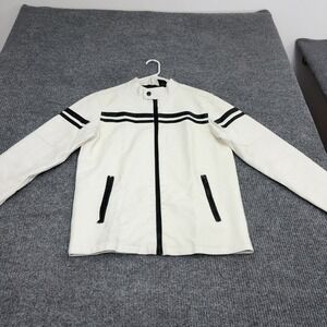 Hard Edge Jacket Mens M White Faux Leather Striped Cafe Racer Moto Biker Jacket